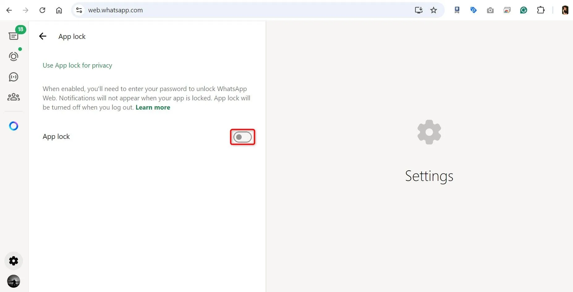 Nút bật/tắt Khóa ứng dụng trên WhatsApp Web