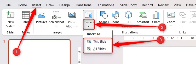 Nút Cameo trong PowerPoint được chọn, với tùy chọn chèn camera trên slide hiện tại hoặc tất cả các slide đang hiển thị.