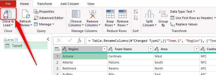 Nút &quot;Close And Load&quot; (Đóng và Tải) trong Power Query Editor của Excel được chọn để đưa dữ liệu đã xử lý trở lại trang tính Excel.