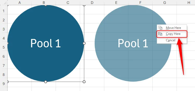 Nút &quot;Copy Here&quot; xuất hiện khi nhân đôi hình dạng bằng chuột phải trong Excel