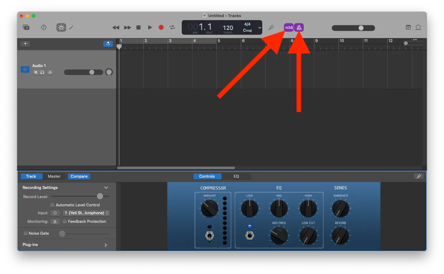 Nút đếm giờ và máy đếm nhịp trên thanh công cụ GarageBand