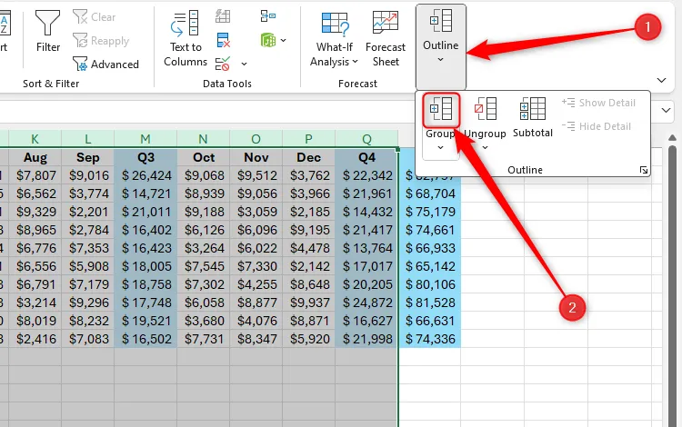 Nút &quot;Group&quot; (Nhóm) trong menu &quot;Outline&quot; (Dàn ý) thuộc tab &quot;Data&quot; (Dữ liệu) trên thanh Ribbon của Excel.