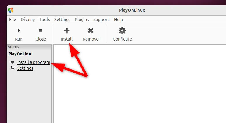 Nút &quot;Install a Program&quot; trong giao diện chính của PlayOnLinux để bắt đầu cài đặt ứng dụng Windows
