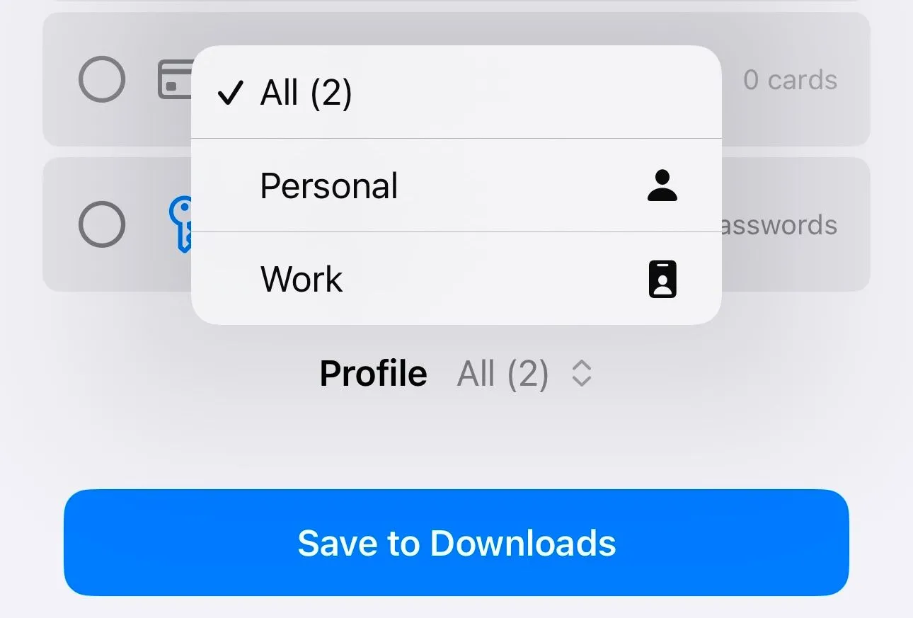 Nút Lưu vào Tải về trong công cụ xuất Safari trên iPhone để xuất dữ liệu duyệt web.