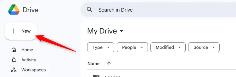 Nút &quot;Mới&quot; trong Google Drive được chọn để tải tệp hình ảnh lên