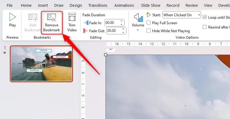 Nút Remove Bookmark trong tab Playback trên thanh ribbon PowerPoint