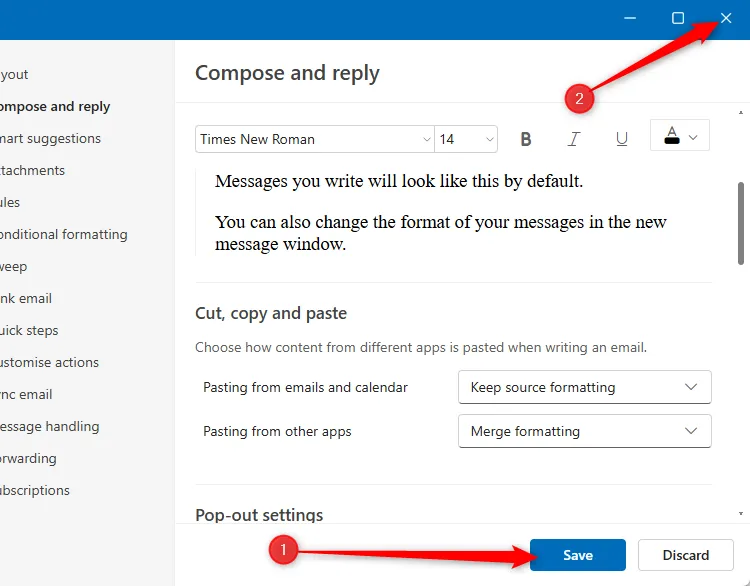 Nút &quot;Save&quot; (Lưu) và biểu tượng đóng cửa sổ cài đặt của Outlook mới.