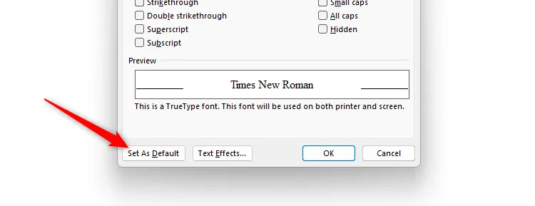 Nút &quot;Set As Default&quot; (Đặt làm mặc định) trong hộp thoại Font của Word.