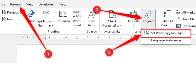 Nút Set Proofing Language trong tab Review của Microsoft Word.