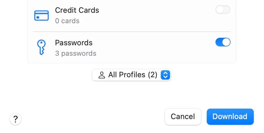 Nút Tải về trong công cụ xuất Safari trên Mac để xuất dữ liệu duyệt web.
