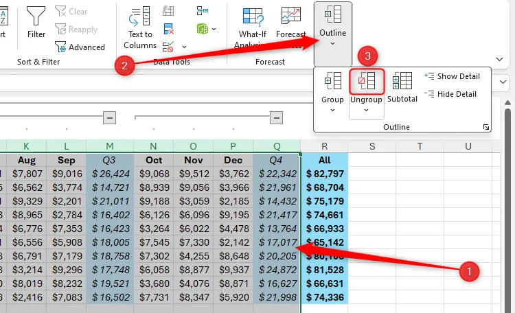 Nút &quot;Ungroup&quot; (Bỏ Nhóm) trong menu &quot;Outline&quot; (Dàn ý) thuộc tab &quot;Data&quot; (Dữ liệu) trong Excel.