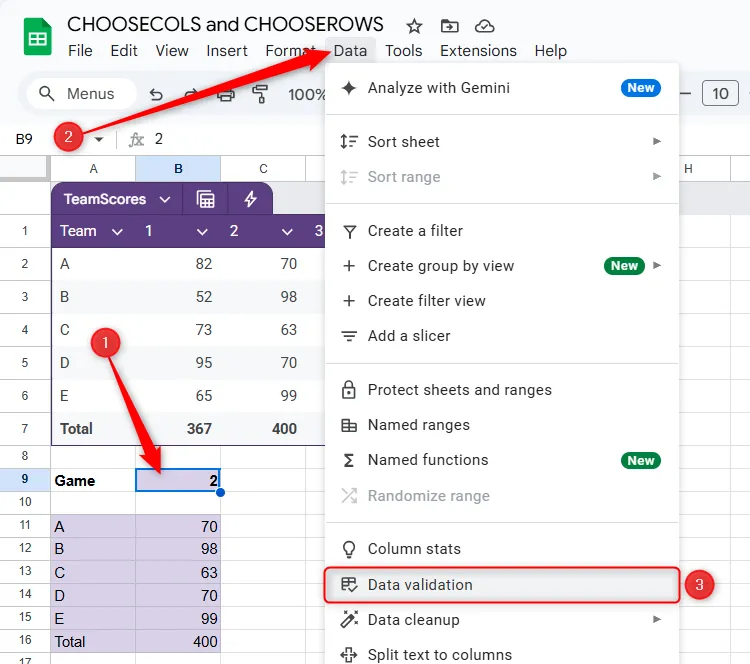Ô B9 được chọn và tùy chọn Xác thực dữ liệu trong tab Dữ liệu của Google Sheets.