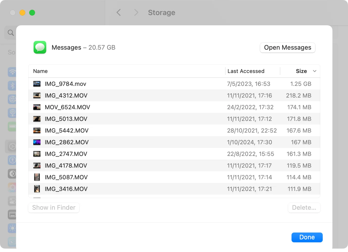 Phần Dữ liệu tin nhắn cục bộ trong Cài đặt hệ thống macOS, hiển thị các file media từ Messages