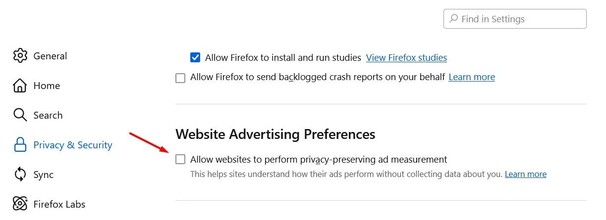 Phần Tùy chọn Quảng cáo Trang web trong Firefox, với tùy chọn &quot;Cho phép trang web thực hiện đo lường quảng cáo bảo vệ quyền riêng tư&quot;.