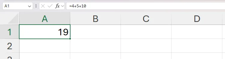 Phép tính cộng đơn giản trong Excel, hiển thị công thức trên thanh công thức và kết quả tại ô A1.