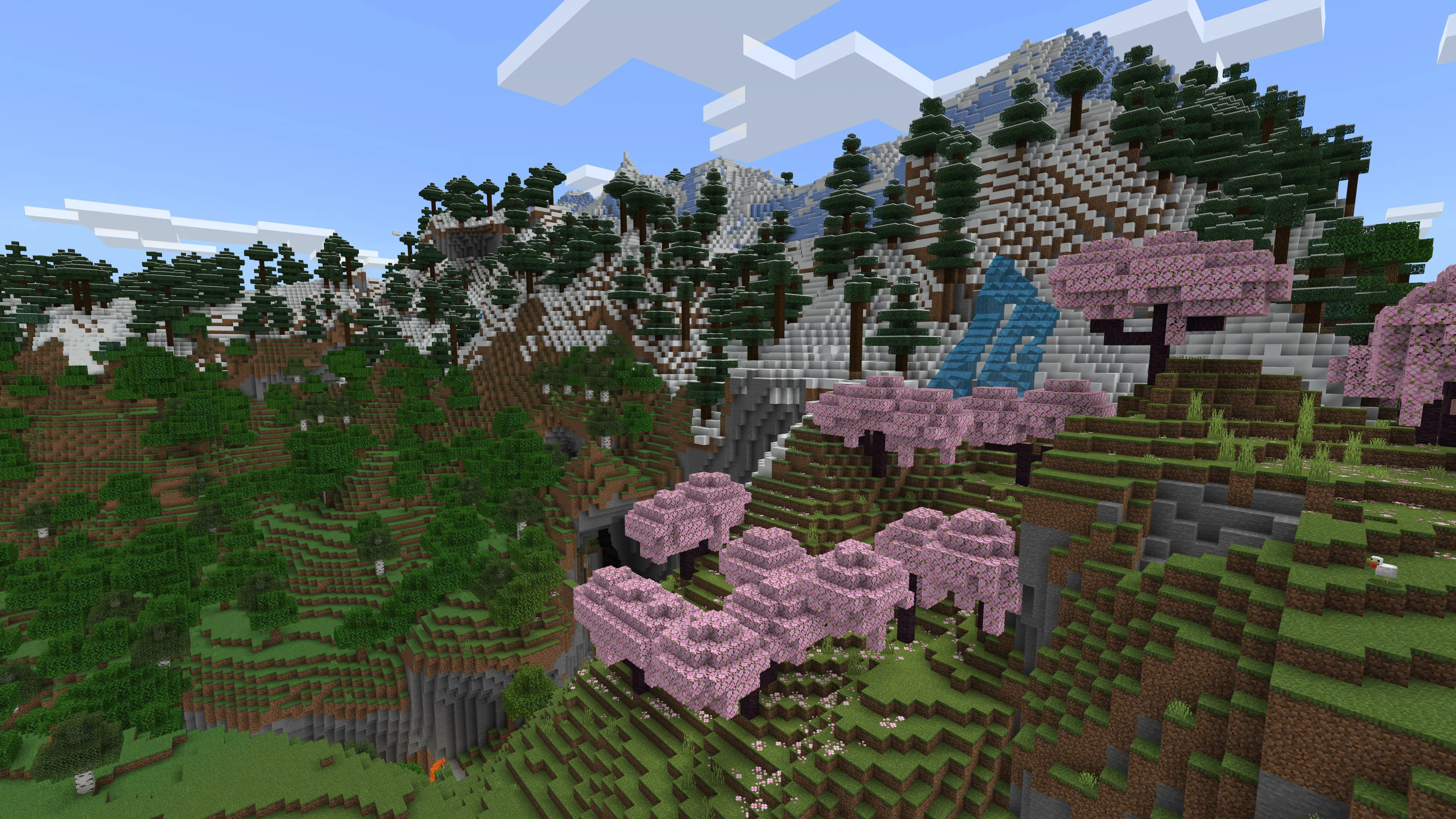Phong cảnh đa dạng trong game Minecraft, thể hiện khả năng khám phá thế giới