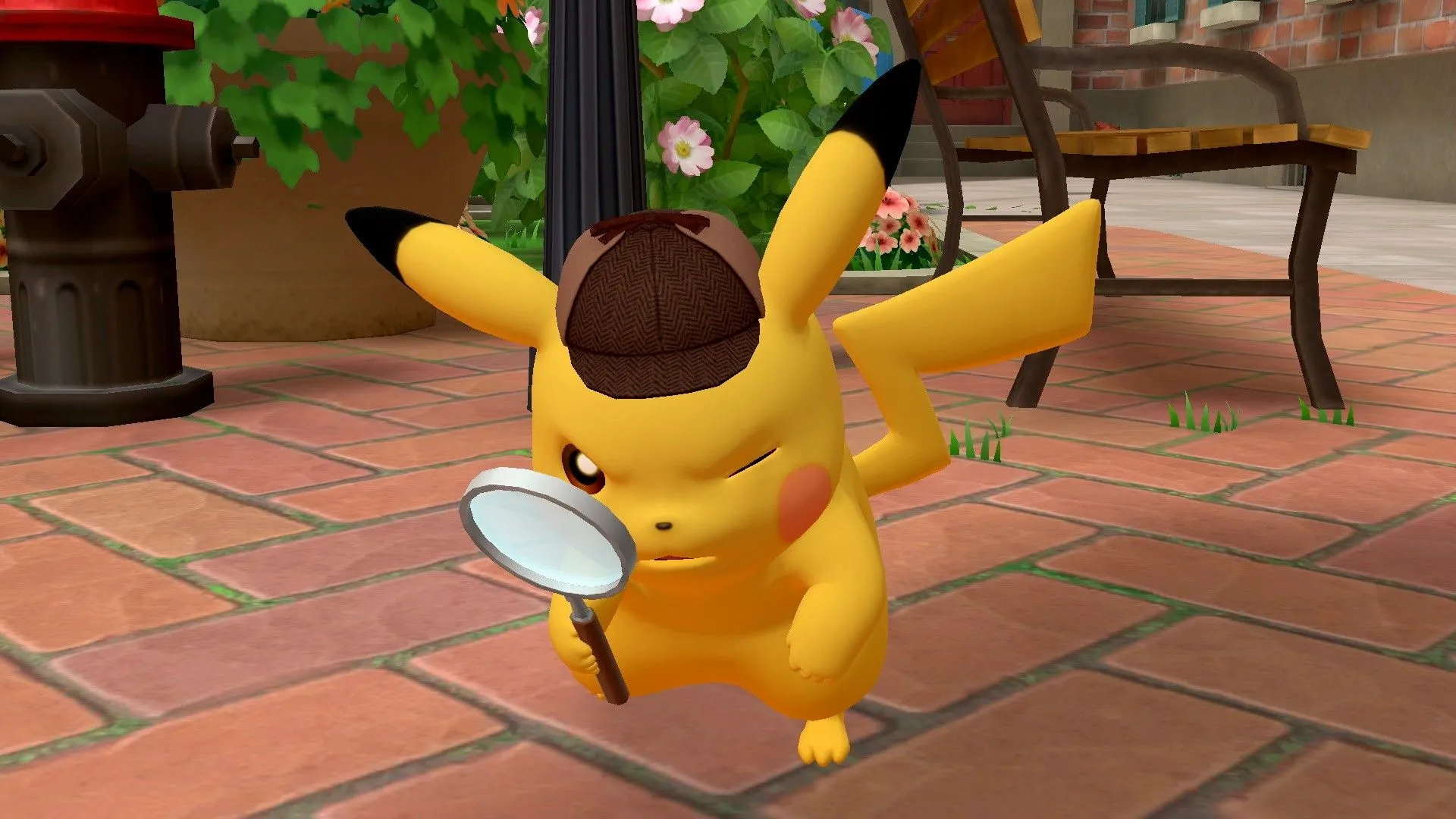 Pikachu thám tử cầm kính lúp, hình ảnh biểu tượng của game Detective Pikachu.
