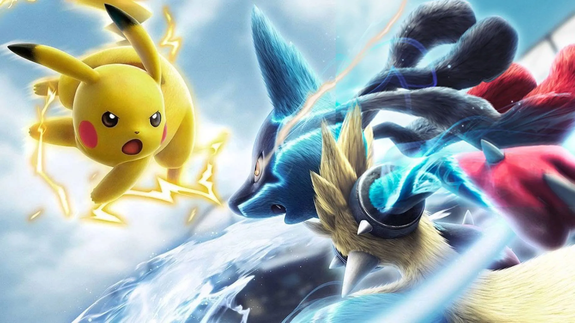 Pikachu và Lucario đang đối đầu trong một trận đấu đối kháng kịch tính của Pokkén Tournament.