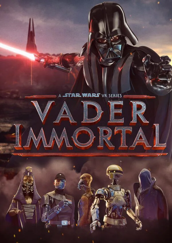 Poster game Vader Immortal: A Star Wars VR Series với hình ảnh Darth Vader và nhân vật chính đối đầu