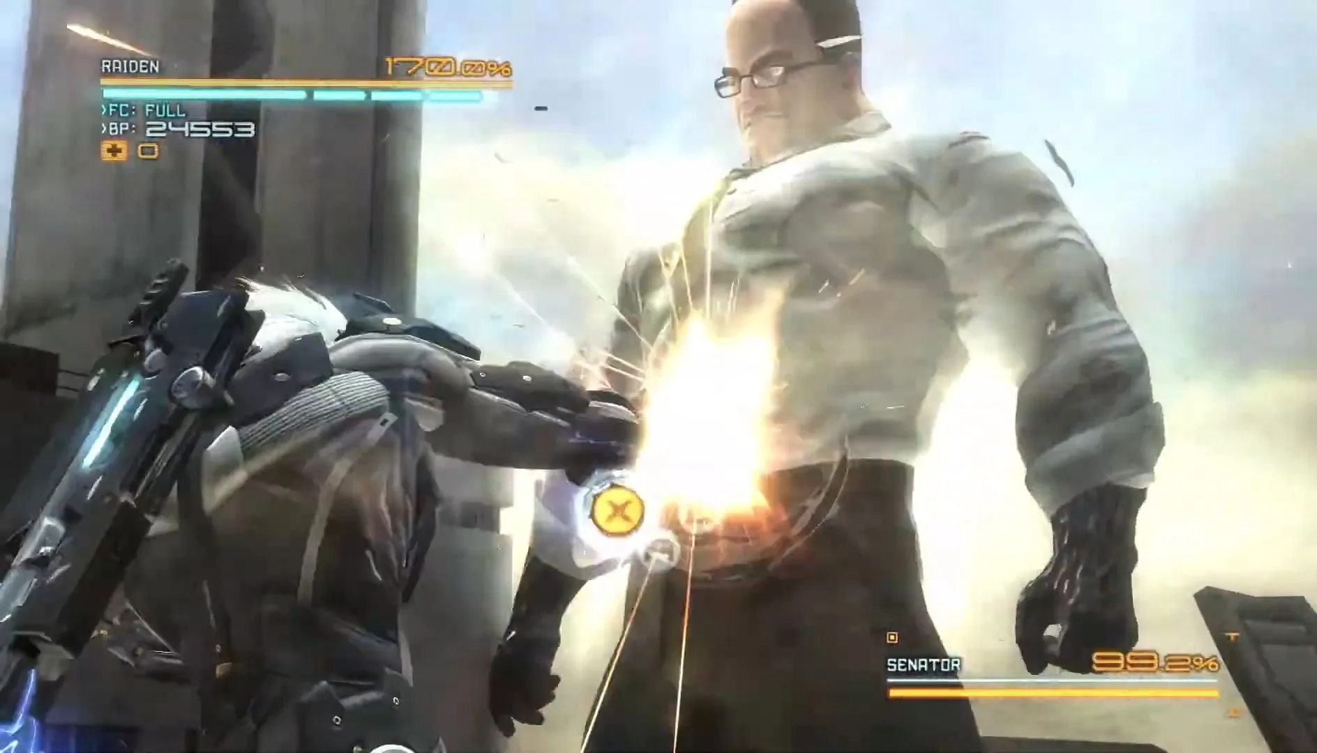 Raiden tung cú đấm vào Armstrong trong trận chiến kinh điển của Metal Gear Rising: Revengeance