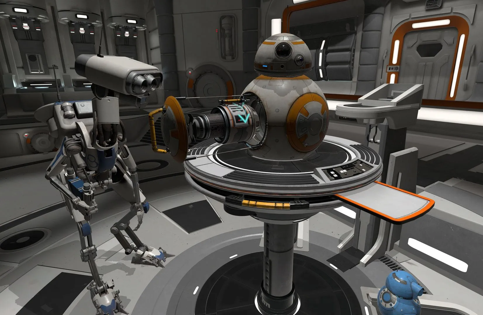 Robot BB-8 đang được sửa chữa trong khoang bảo trì của game thực tế ảo Star Wars Droid Repair Bay