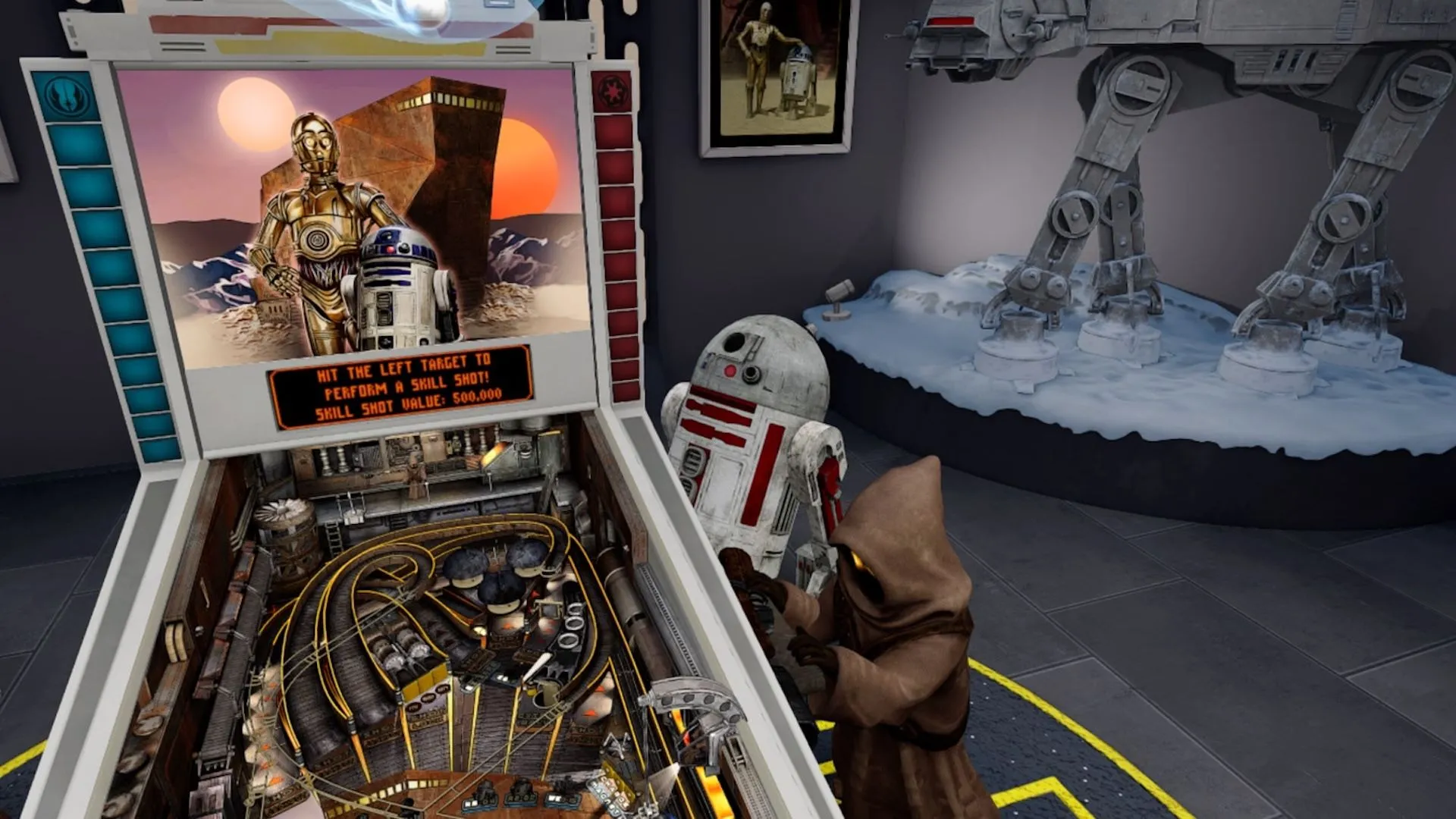 Robot và người Jawa đứng cạnh bàn pinball trong game Star Wars Pinball VR
