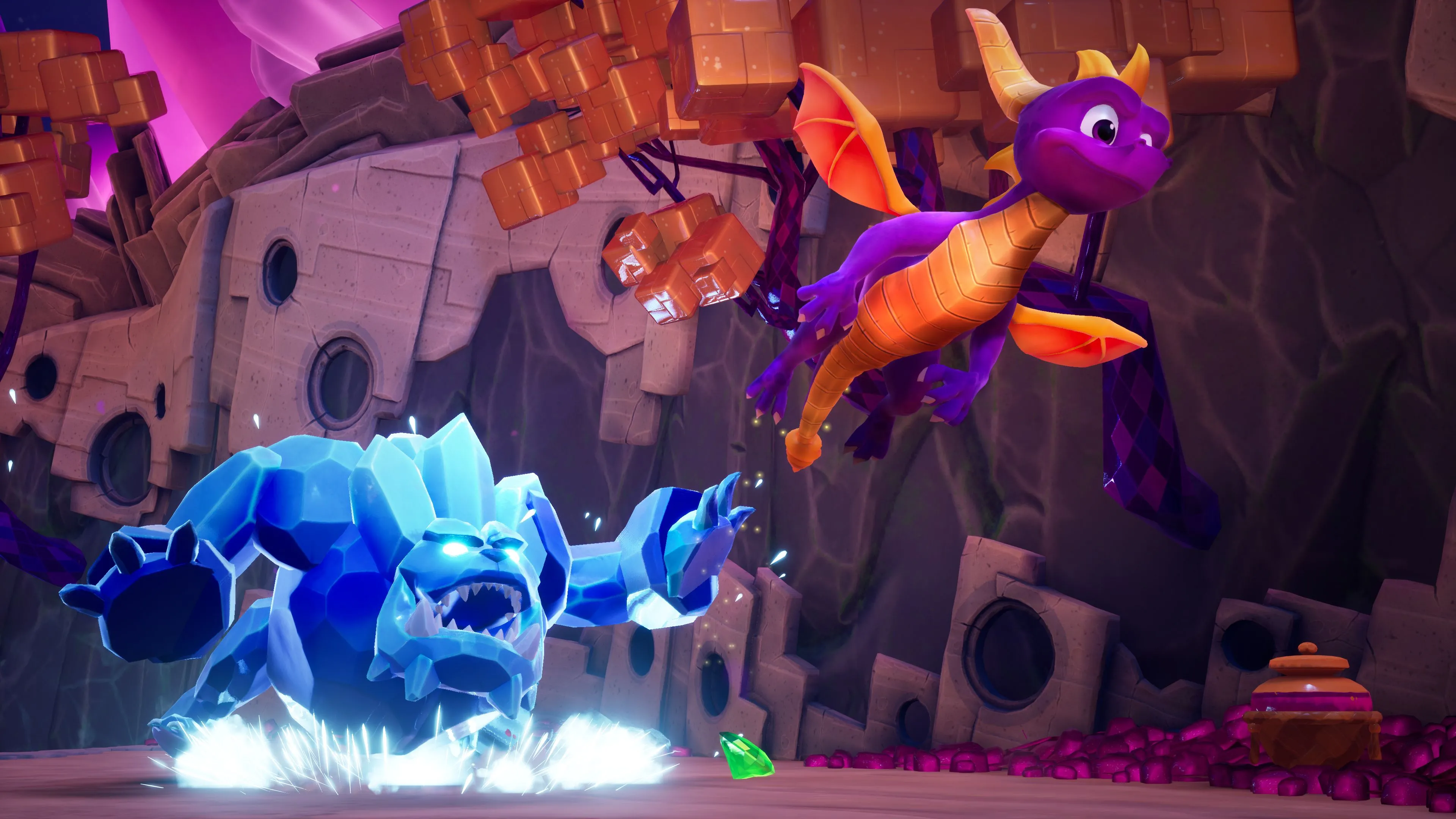 Rồng Spyro bay lượn tránh kẻ thù trong Spyro Reignited Trilogy, minh họa cải tiến đồ họa mà vẫn giữ gameplay gốc.
