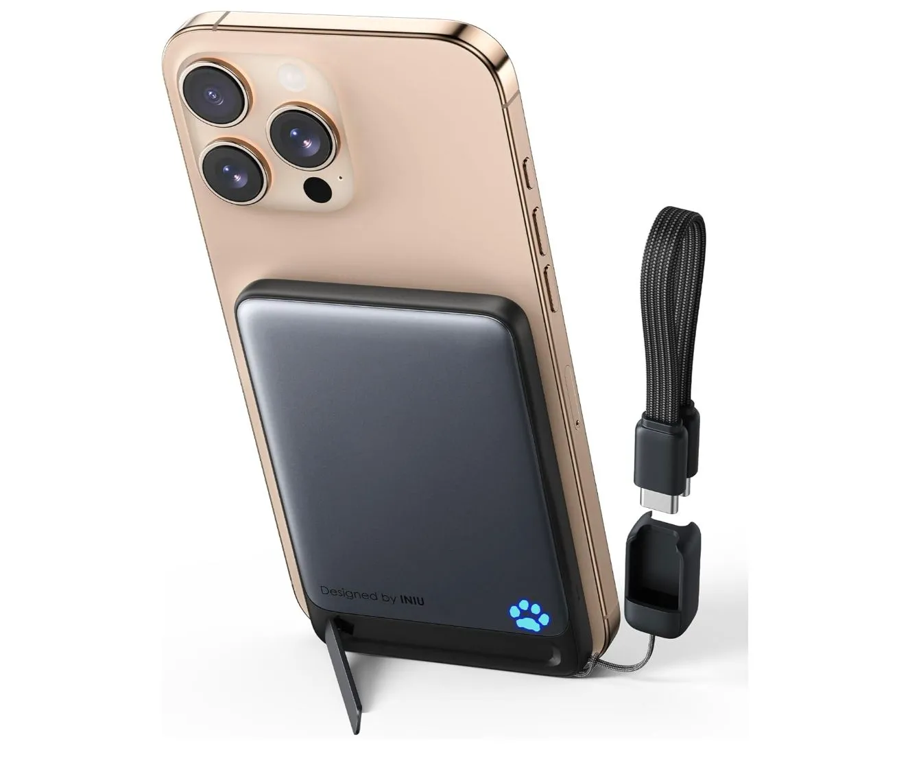 Sạc dự phòng từ tính INIU 5K nhỏ gọn màu trắng gắn vào mặt sau của điện thoại iPhone