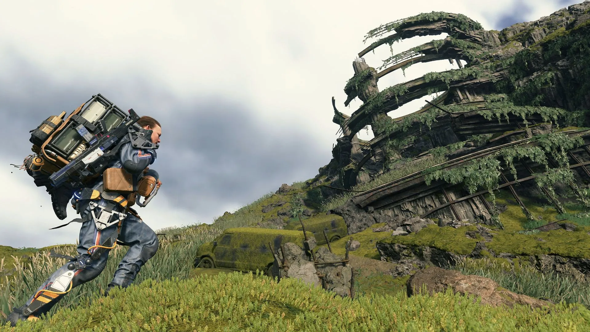 Sam Porter Bridges đang vận chuyển gói hàng trong thế giới hậu tận thế của Death Stranding, một game mô phỏng giao hàng gây phân cực