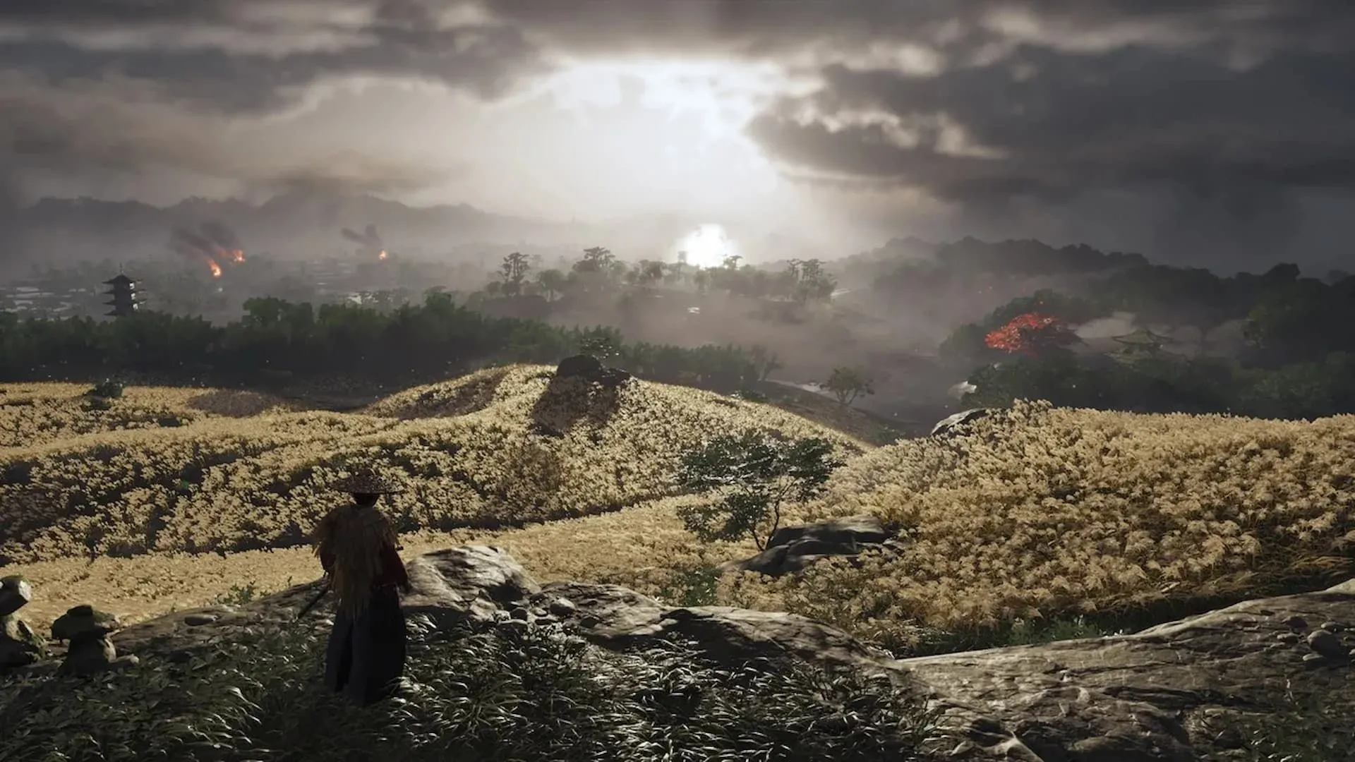 Samurai Jin Sakai đứng trên đồi nhìn ra cánh đồng rộng lớn trong Ghost of Tsushima, một game thế giới mở độc quyền PlayStation với đồ họa tuyệt đẹp