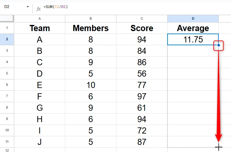 Sao chép công thức với tham chiếu tương đối xuống các ô khác trong Google Sheets bằng cách kéo Fill Handle