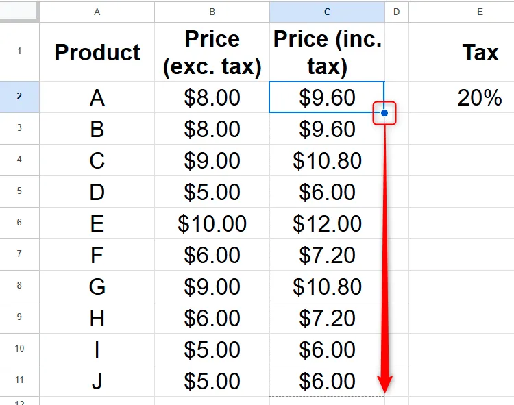 Sao chép công thức với tham chiếu tuyệt đối bằng Fill Handle trong Google Sheets, đảm bảo kết quả chính xác
