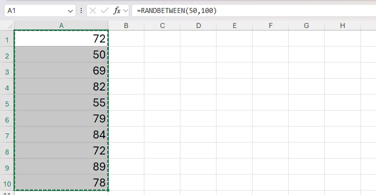 Sao chép mười ô chứa số ngẫu nhiên từ 50 đến 100 trong Excel