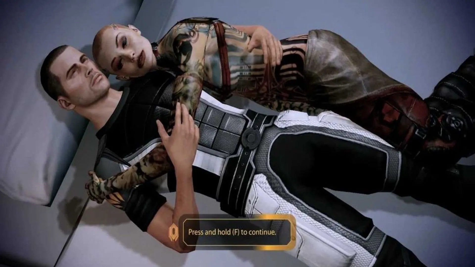 Shepard và Jack trong một khoảnh khắc thân mật, cho thấy Jack bộc lộ khía cạnh mềm yếu hơn trong Mass Effect 2.