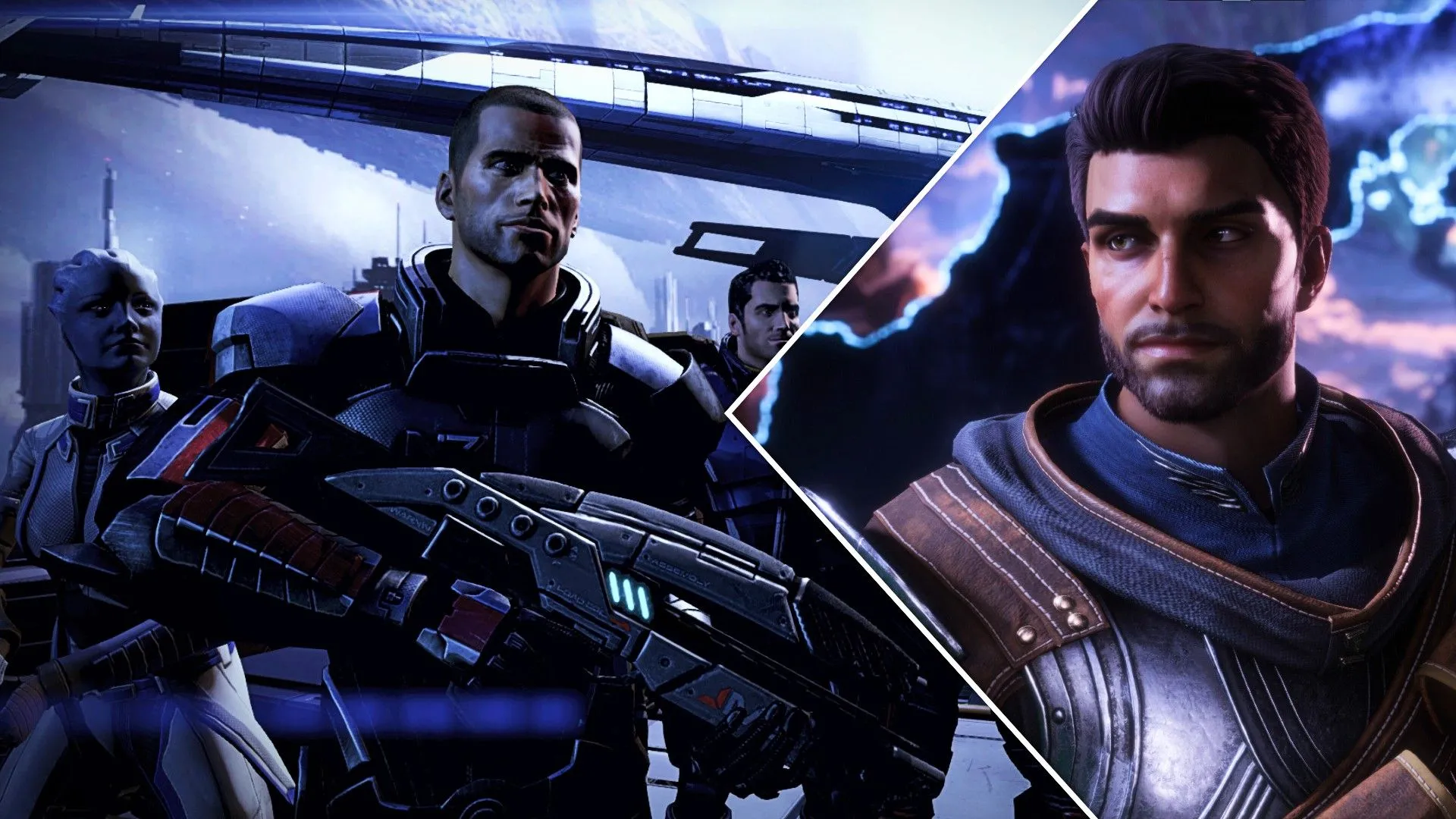 Shepard và Liara đứng trước tàu Normandy trong Mass Effect, bên cạnh một chiến binh từ Dragon Age: The Veilguard, minh họa sự liên kết vũ trụ của BioWare.