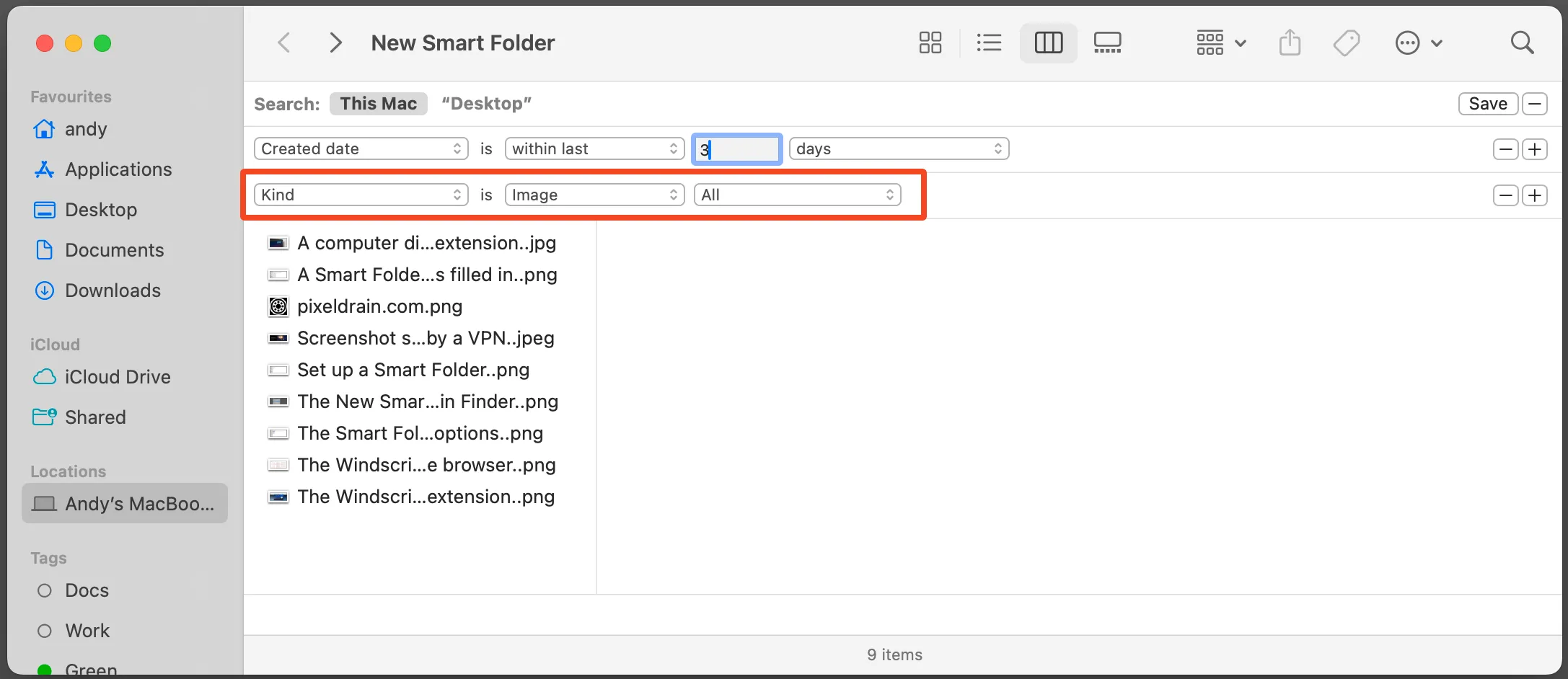 Smart Folder với hai quy tắc lọc: tệp hình ảnh được tạo trong vòng 3 ngày gần đây trên máy Mac, tăng cường khả năng quản lý file.