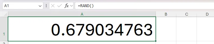 Số ngẫu nhiên được tạo bằng hàm RAND() trong ô A1 của Excel