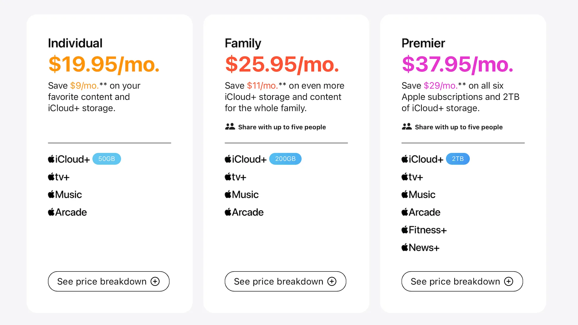 So sánh các gói Apple One Individual, Family và Premier kèm giá chi tiết các dịch vụ Apple