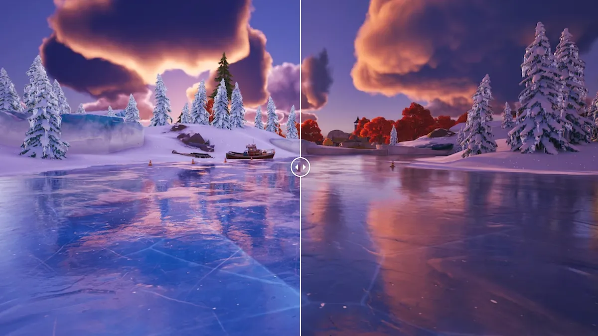 So sánh đồ họa game Fortnite trước và sau khi tích hợp công nghệ Lumen của Unreal Engine 5, cho thấy sự cải thiện về ánh sáng và chi tiết.