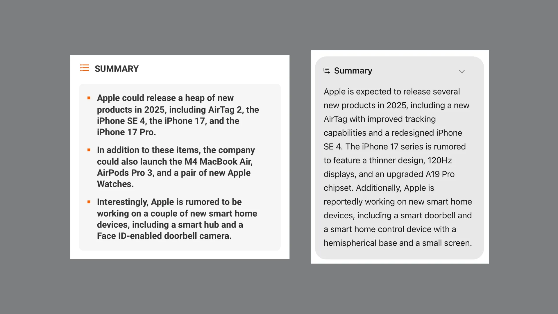 So sánh giữa bản tóm tắt sản phẩm Apple dự kiến ra mắt năm 2025 do con người viết và bản tóm tắt tự động từ Apple Intelligence, cho thấy những chi tiết mà AI có thể bỏ qua