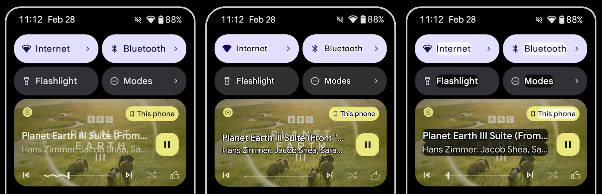 So sánh hiệu ứng văn bản thường, văn bản tương phản cao cũ và tính năng Outline Text mới trong Android 16 Beta 3.
