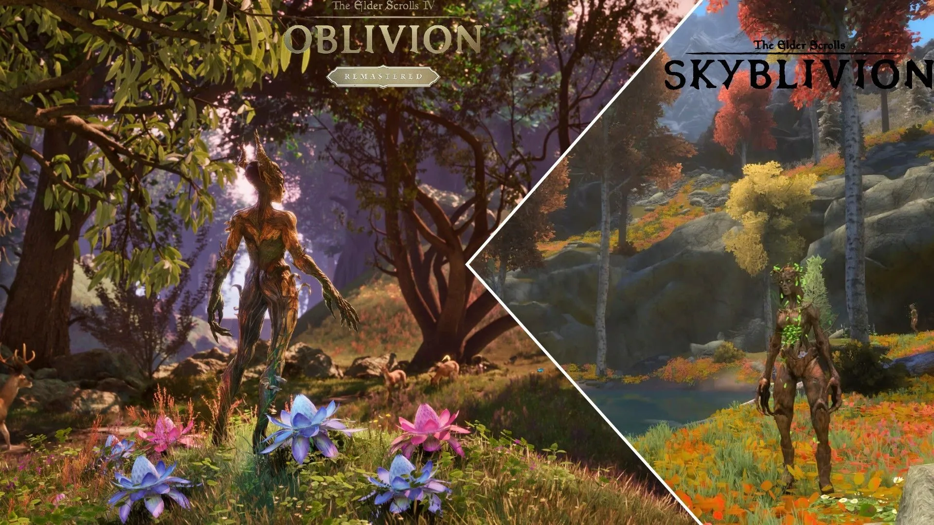 So sánh hình ảnh một Spriggon trong rừng, bên trái là The Elder Scrolls IV Oblivion Remastered và bên phải là Skyblivion, thể hiện sự nâng cấp đồ họa.
