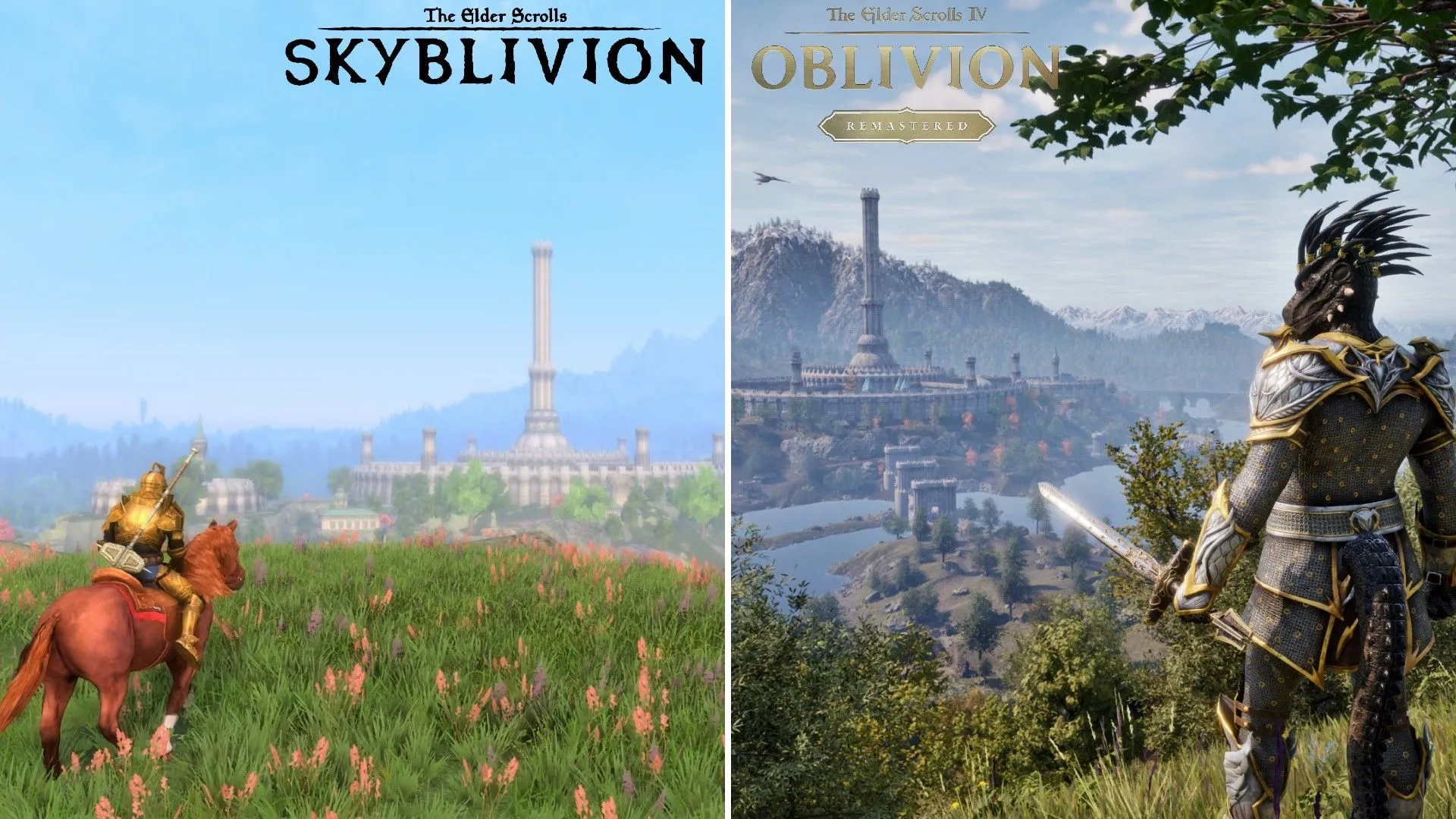 So sánh hình ảnh người chơi đứng trước Thành phố Hoàng gia từ The Elder Scrolls IV Oblivion Remastered (phải) và Skyblivion (trái)
