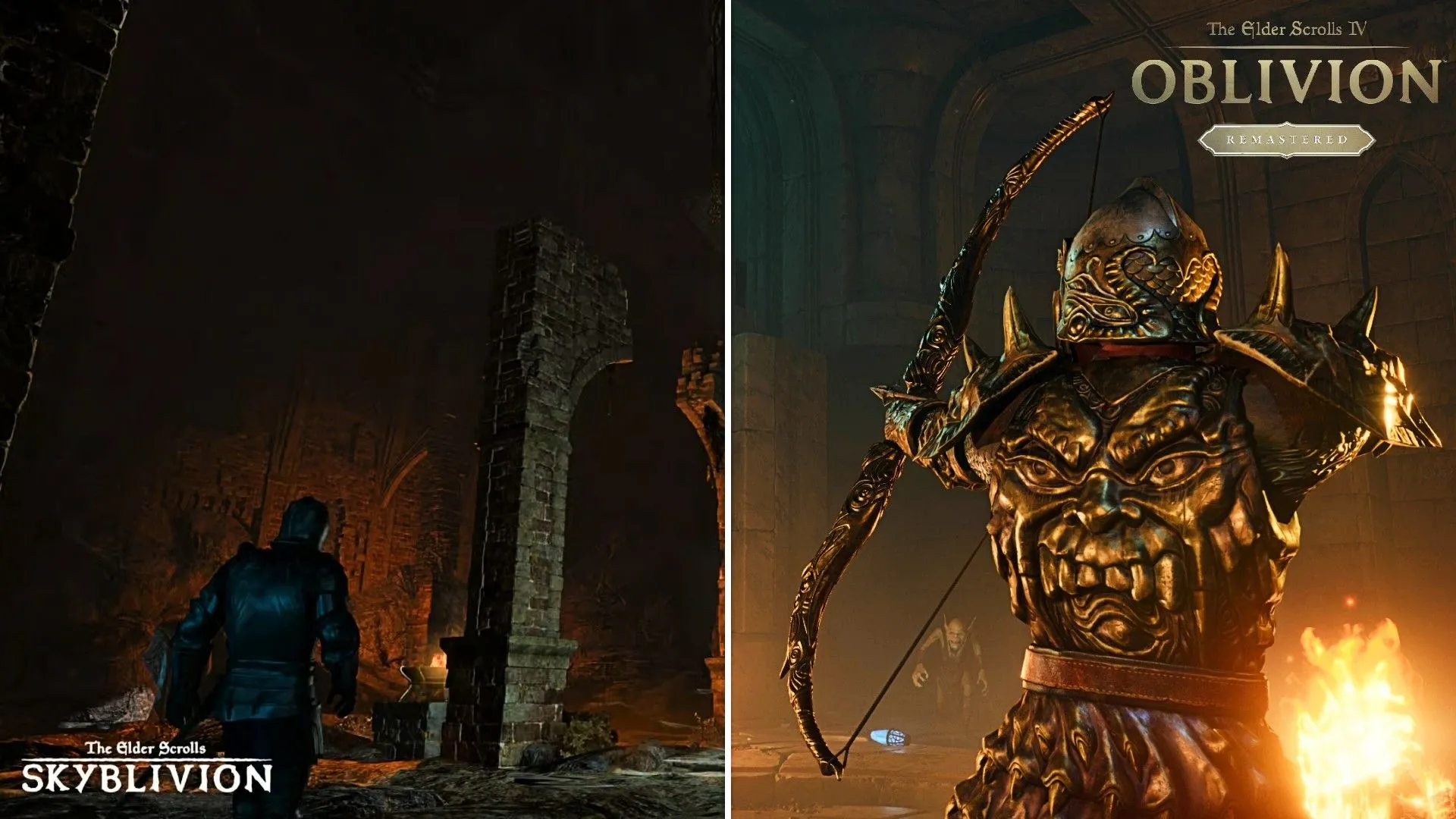 So sánh hình ảnh người chơi trong hầm ngục từ The Elder Scrolls IV Oblivion Remastered (phải) và Skyblivion (trái)