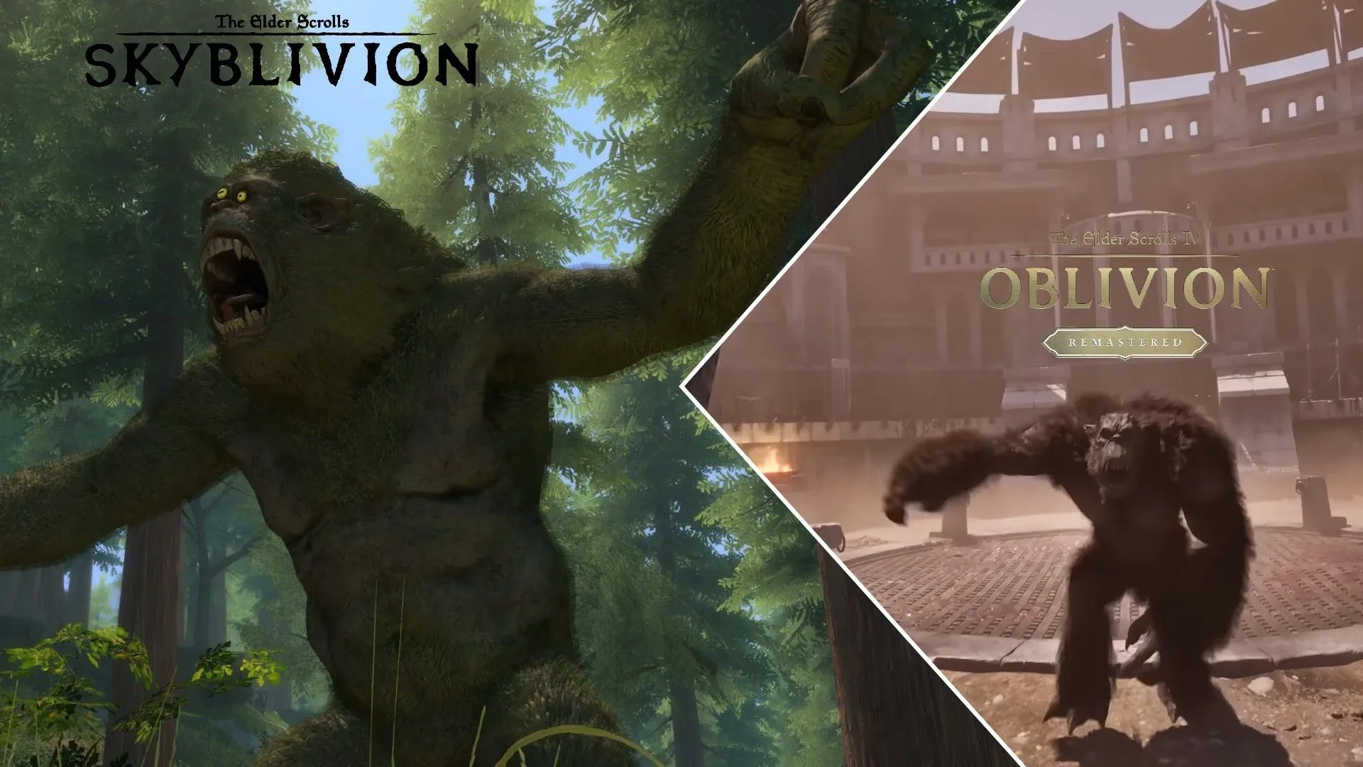 So sánh hình ảnh quái vật troll trong đấu trường từ The Elder Scrolls IV Oblivion Remastered (phải) và một con troll trong rừng ở Skyblivion (trái)