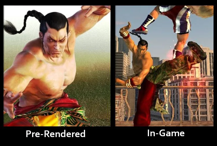 So sánh hình ảnh Tekken 5: đồ họa pre-rendered trong quảng cáo (trái) và đồ họa in-game thực tế (phải).