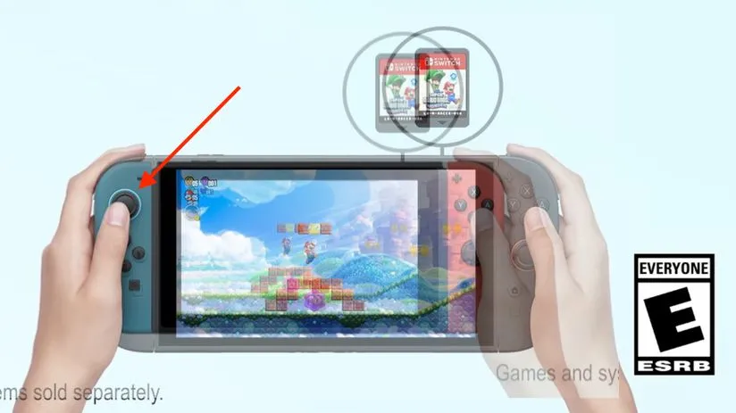 So sánh kích thước và thiết kế cần analog bên trái giữa Nintendo Switch gốc và Nintendo Switch 2, cho thấy sự tương đồng về bố cục.