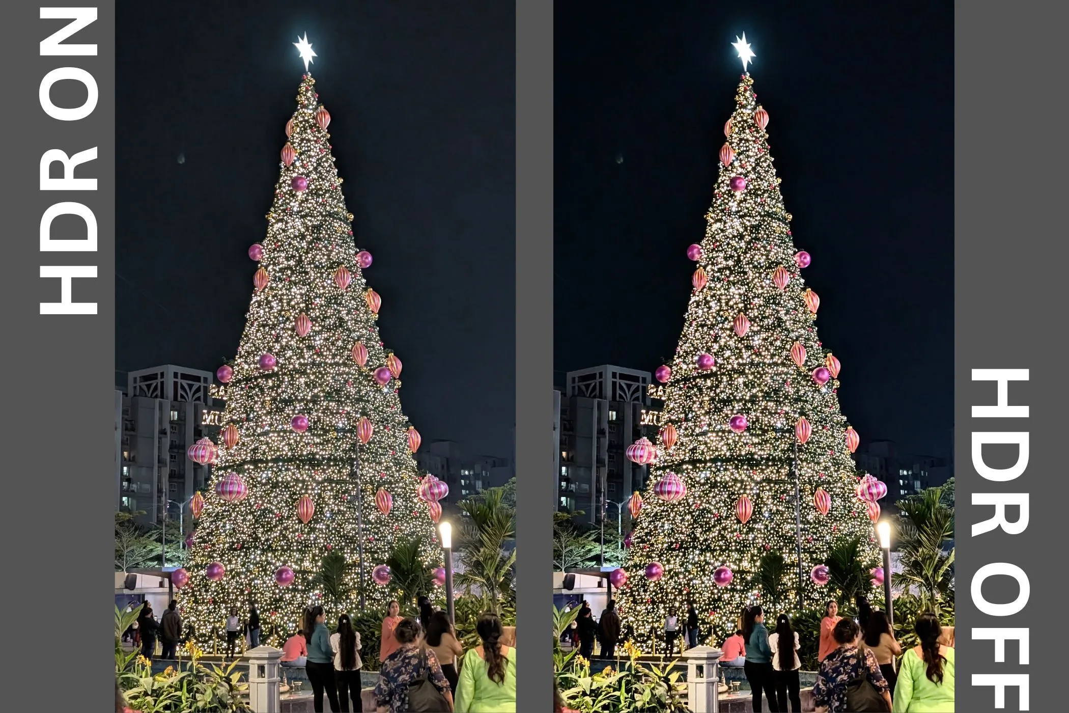 So sánh thực tế ảnh chụp thường và ảnh sử dụng chế độ HDR, cho thấy khả năng cân bằng ánh sáng và chi tiết.
