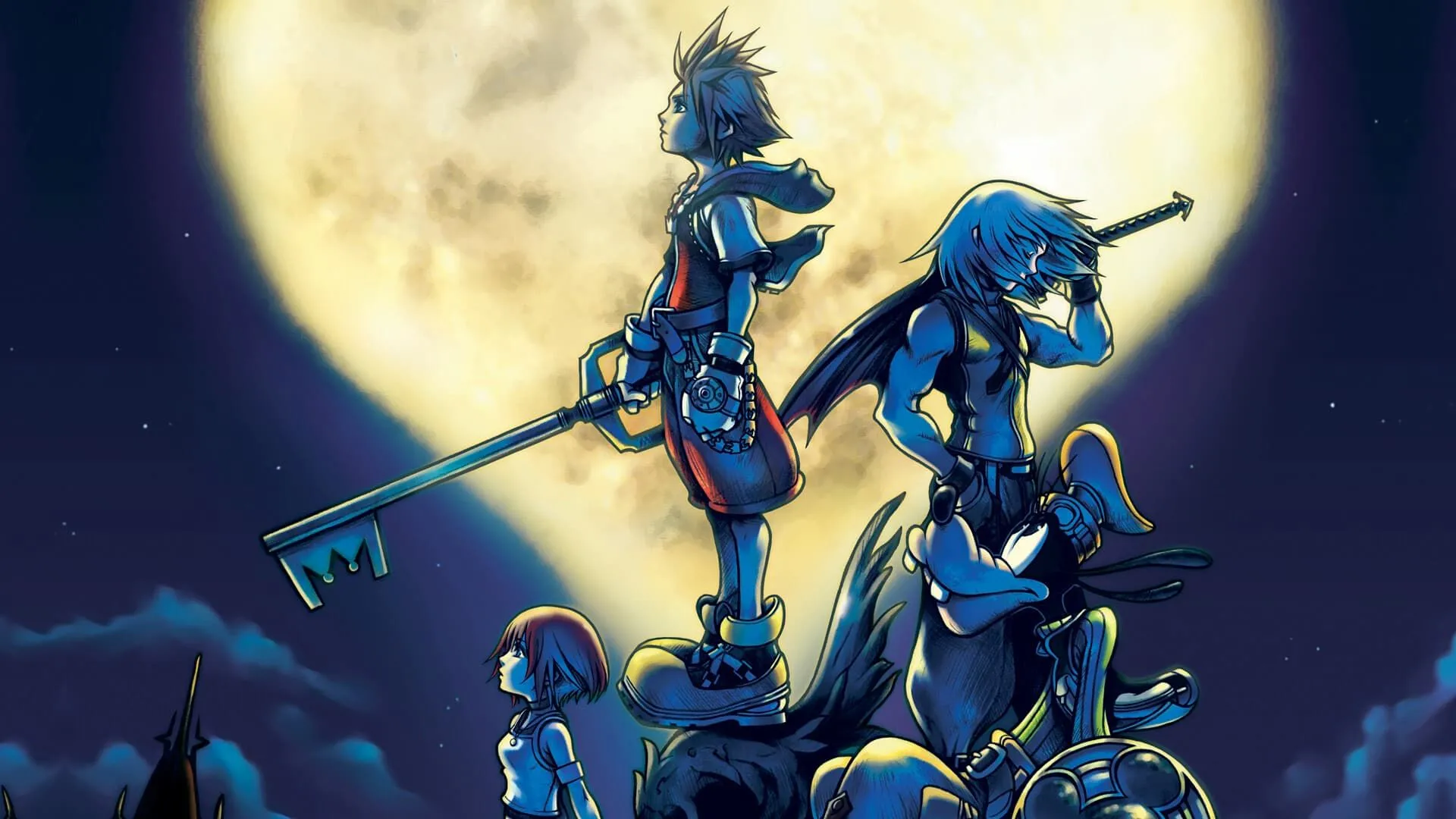 Sora, Riku, Kairi và Goofy trên ảnh bìa Kingdom Hearts gốc, đại diện cho sự pha trộn độc đáo giữa thế giới Disney và cốt truyện đa vũ trụ cực kỳ phức tạp của game.