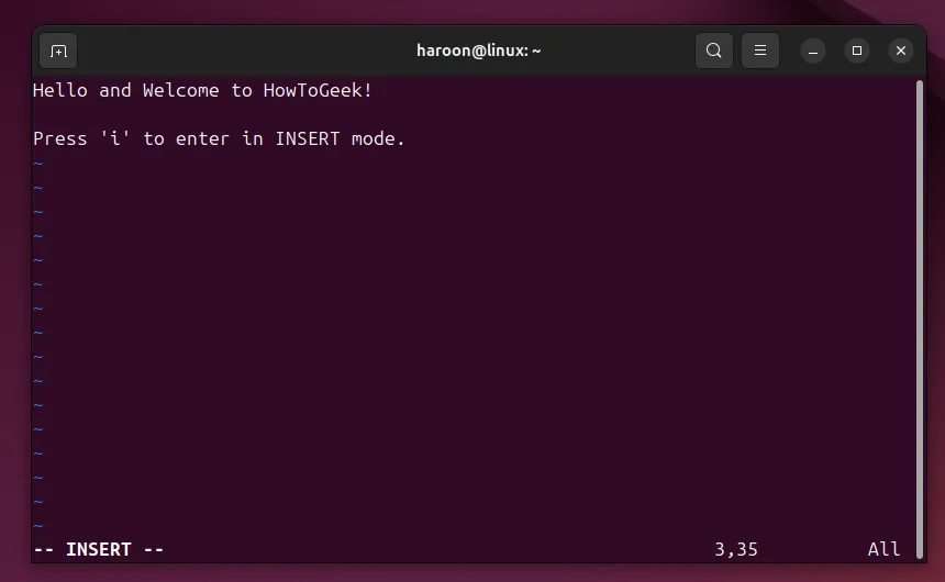 Sử dụng trình soạn thảo Vim để chỉnh sửa file trong chế độ insert trên Linux terminal.